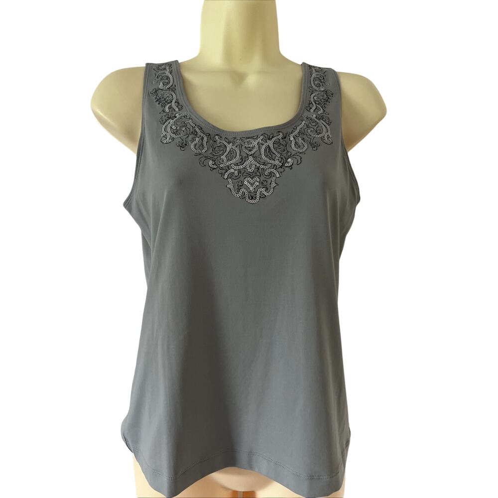 Chico's 0 (Small)Top Tank Top Silver Embellished Neck Wide Straps Dressy Sequins